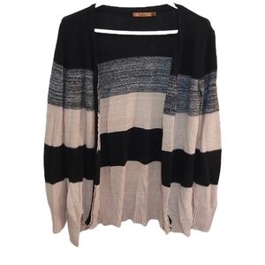 Belldini Black, Grey and Cream Striped Linen+Cotton Cardigan Size Small (S)